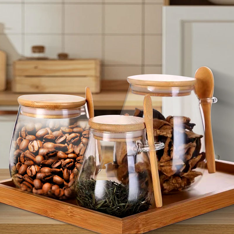 Food Storage Set Glass - ขวดโหลแก้วปิดผนึกพร้อมช้อนและฝาขวดเครื่องเทศใสขนาด34ออนซ์โถใส่น้ำตาลกล่องเก็บสินค้าอาหารขนาดเล็กกาต้มน้ำในครัว