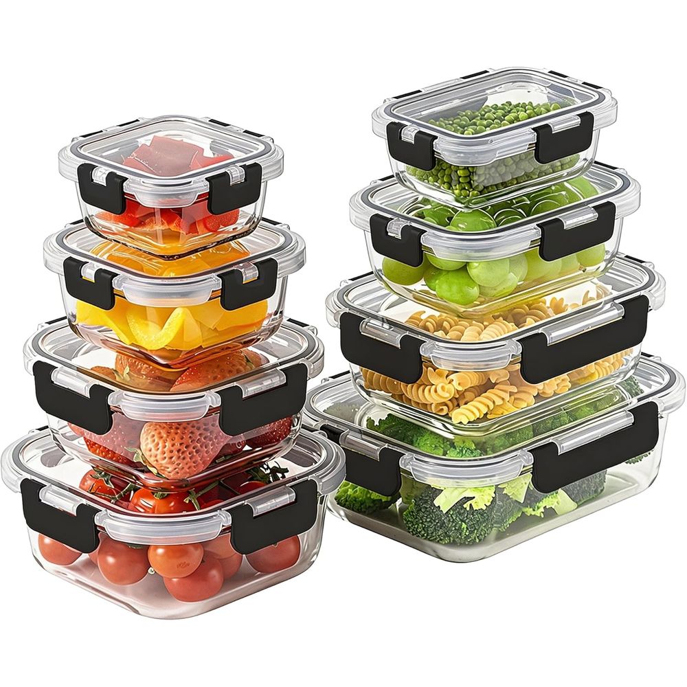 Food Storage Set Glass - ชุดกล่องถนอมอาหารแก้วโบโรซิลิเกต 8 ชิ้น พร้อมฝาปิดสุญญากาศ ใช้กับเตาอบและเครื่องล้างจานได้ ปลอดสาร