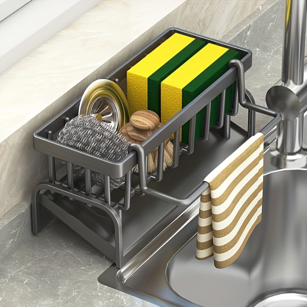Food Storage Organiser - ที่วางฟองน้ำในอ่างล้างจาน, ที่เก็บของในอ่างล้างจานแบบกันสนิมพร้อมถาดระบายน้ำสำหรับผ้าเช็ดจาน, ชั้นวางของบนเคาน์เตอร์ครัว