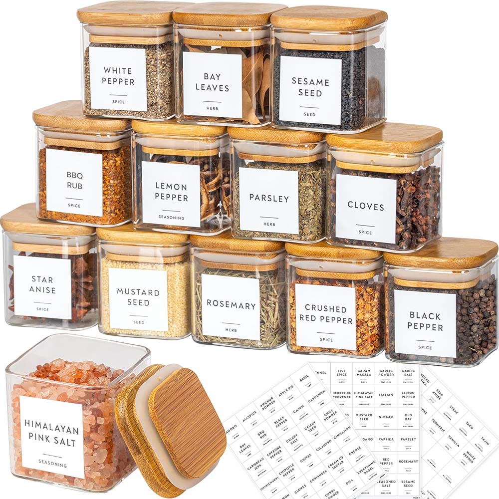 Food Storage Set Glass - ชุดขวดโหลแก้วขนาด5ออนซ์พร้อมป้ายเครื่องเทศขวดเครื่องเทศทรงเหลี่ยมพร้อมฝาไม้ไผ่/ฉลากสติกเกอร์ภาชนะบรรจุอาหารกล่องเก็บสินค้า