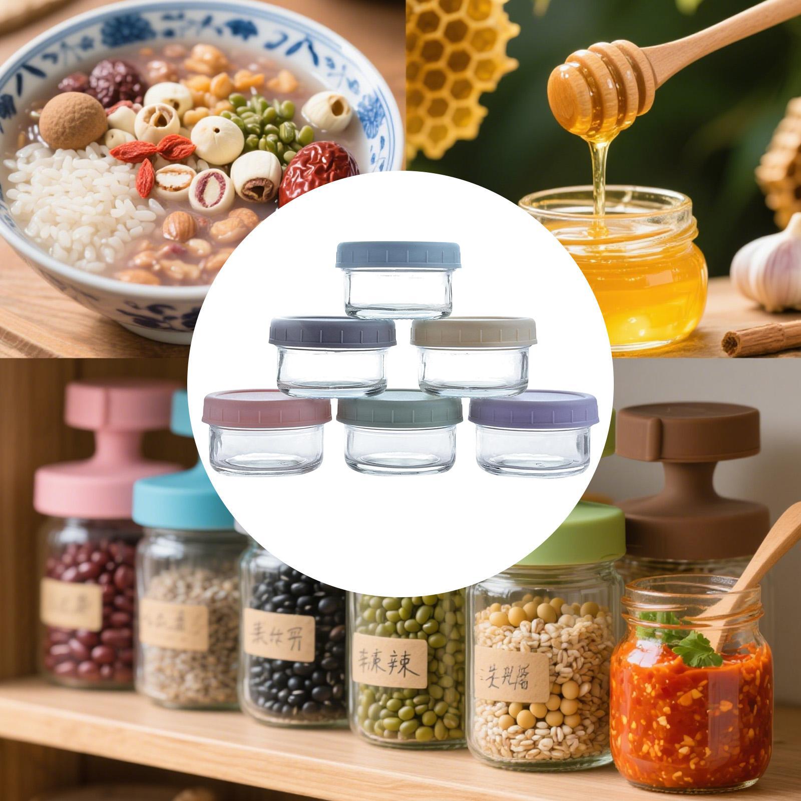 Food Storage Set Glass - ขวดแก้วขนาดเล็กพร้อมฝาปิดกันรั่ว ภาชนะทรงกลมแบบเติมได้สำหรับเครื่องเทศ ซอส และการเก็บอาหารในครัว
