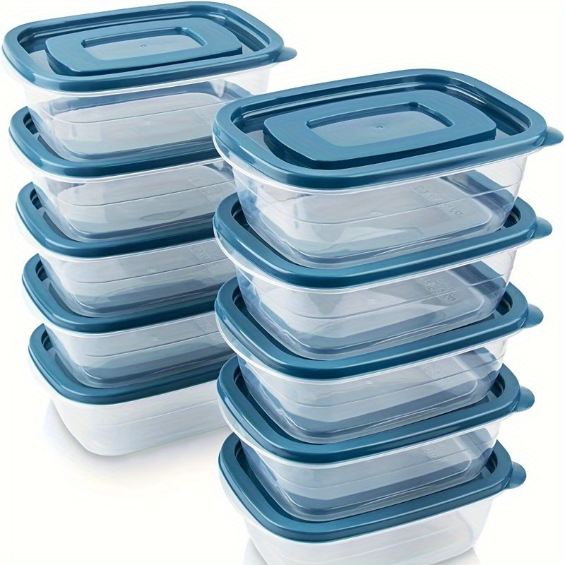 Food Storage Jars Plastic - ชุดภาชนะเก็บอาหารพลาสติกใสแบบซ้อนได้ 6 ชิ้น พร้อมฝาสีน้ำเงินและเครื่องหมายบอกปริมาณ—นำกลับมาใช้ใหม่ได้ ใช้กับเครื่องล้างจานได้