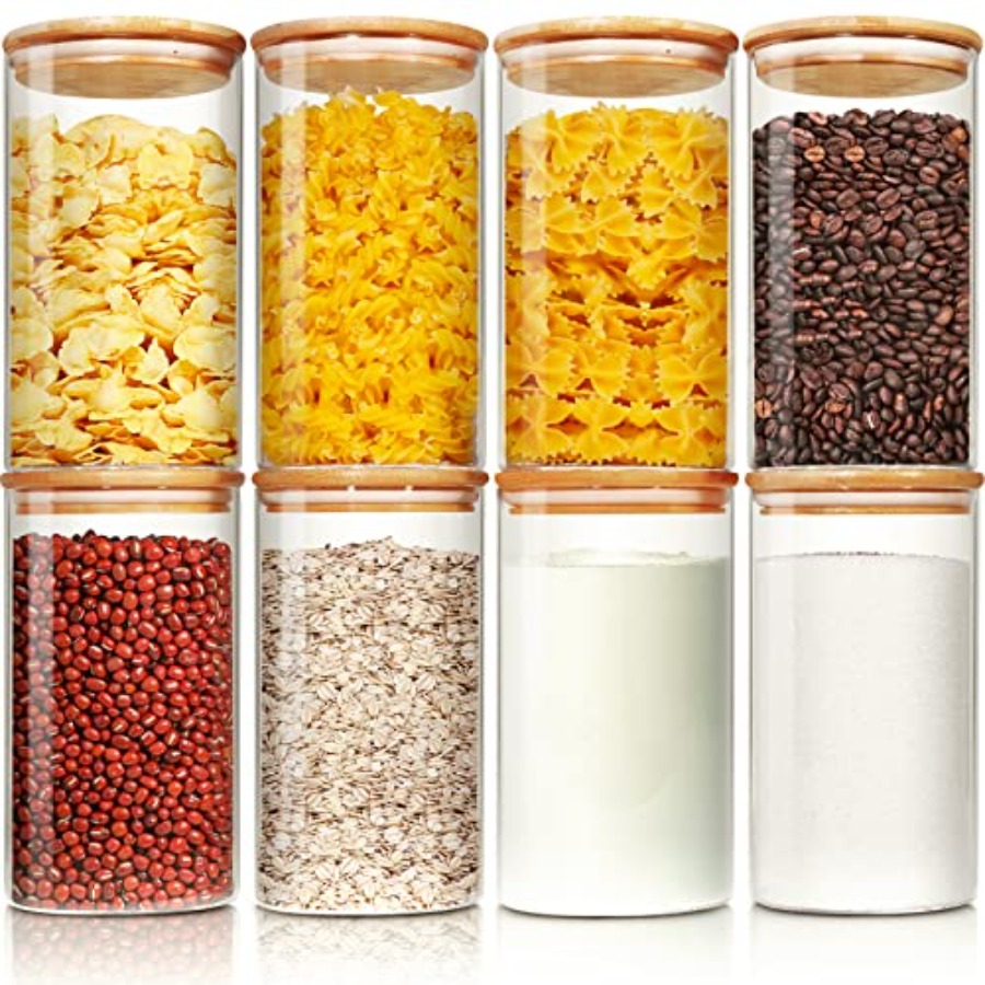 Food Storage Set Glass - ขวดแก้วฝาไม้ไผ่ 28 ออนซ์ [ชุด 8 ชิ้น],