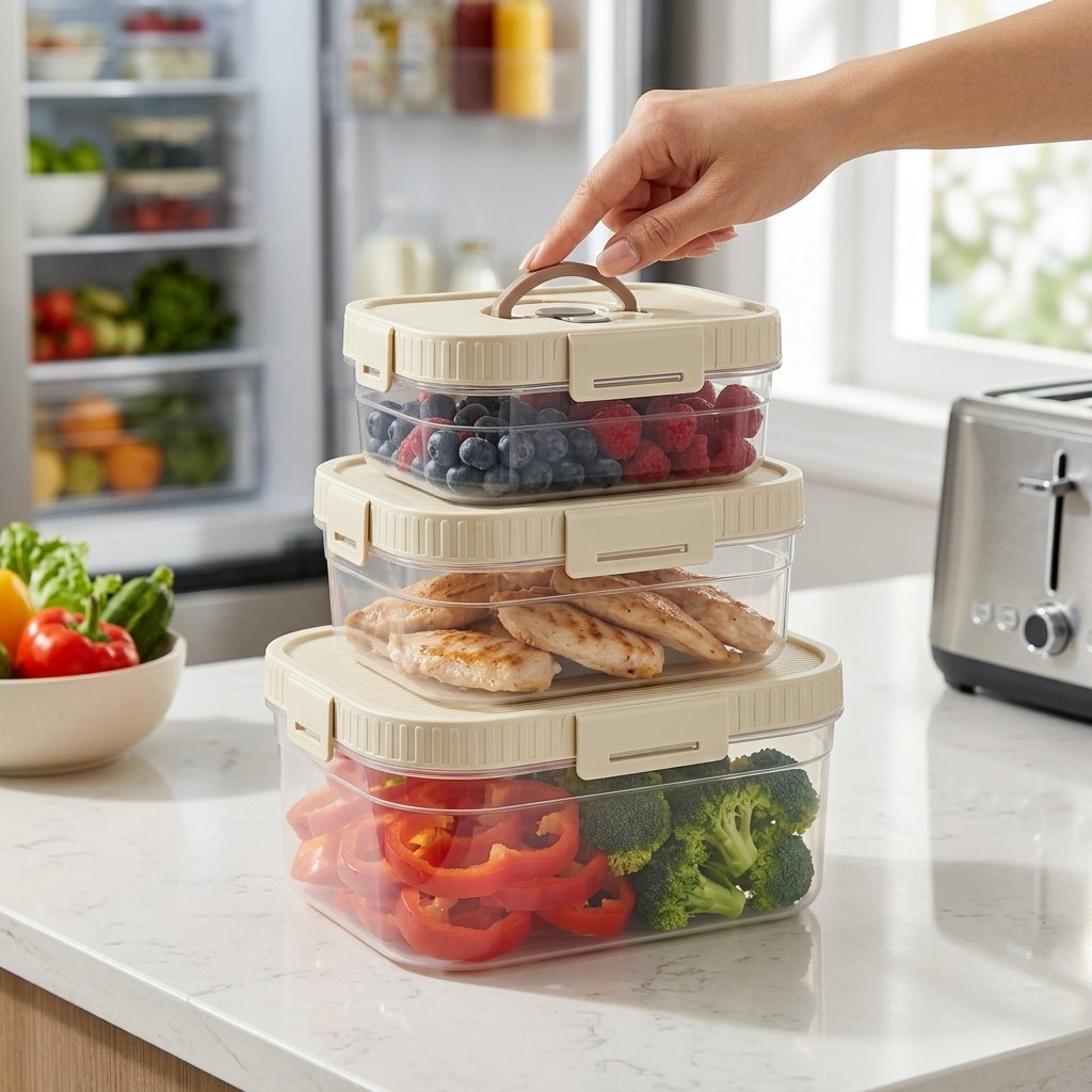 Food Storage And Preservation - กล่องเก็บอาหารแบบซ้อนได้พร้อมหูจับ ปิดผนึกกันรั่ว กล่องพลาสติกใสสำหรับเก็บรักษาความสด กล่องเก็บอาหารในตู้เย็น
