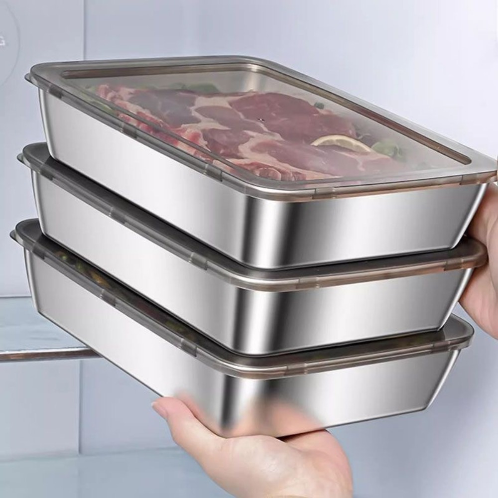 Food Storage And Preservation - ถาดเสิร์ฟสแตนเลสเกรดอาหารพร้อมฝาปิด, ภาชนะเก็บอาหารทรงสี่เหลี่ยมอเนกประสงค์, ถาดอาหารในครัวแบบปิดสนิทพร้อมฝาปิด