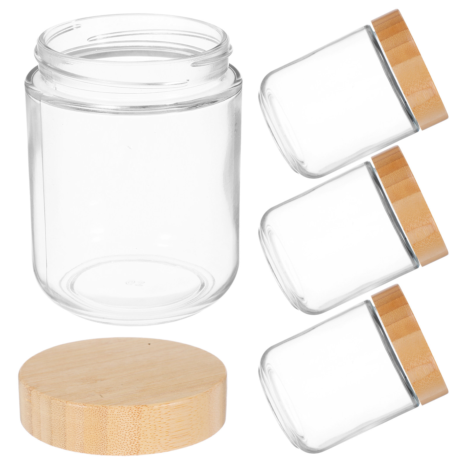 Food Storage Jars Plastic - โหลแก้วใส 4 ชิ้น พร้อมฝาไม้ไผ่ ปิดผนึกแน่นสนิทสำหรับเก็บอาหาร จัดระเบียบและตกแต่งห้องครัว