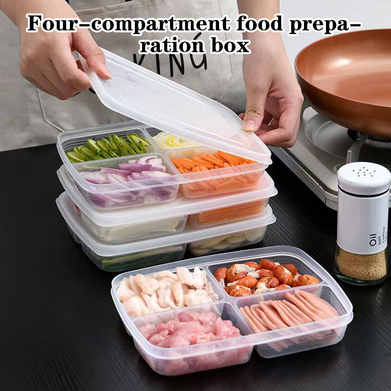 Food Storage Box Set - ใหม่【กล่องเก็บของพลาสติก 4 ช่อง กล่องจัดระเบียบตู้เย็นแบบพกพา กล่องใส่อาหารผลไม้แบบแยกส่วน】