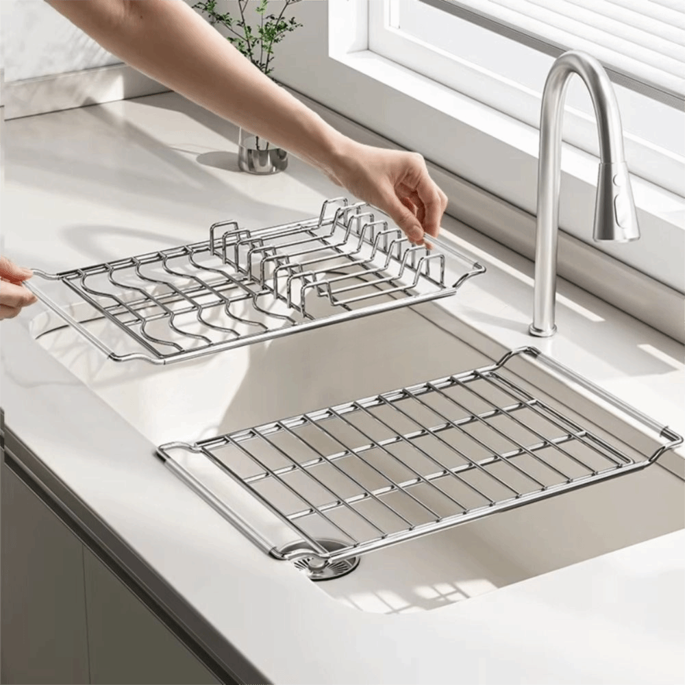 Food Storage Organiser - ชั้นวางจานสแตนเลสแบบขยายได้ ป้องกันสนิม ปรับระดับได้ ชั้นวางชาม ชั้นวางผลไม้เอนกประสงค์ อุปกรณ์จัดระเบียบอ่างล้างจานในครัว