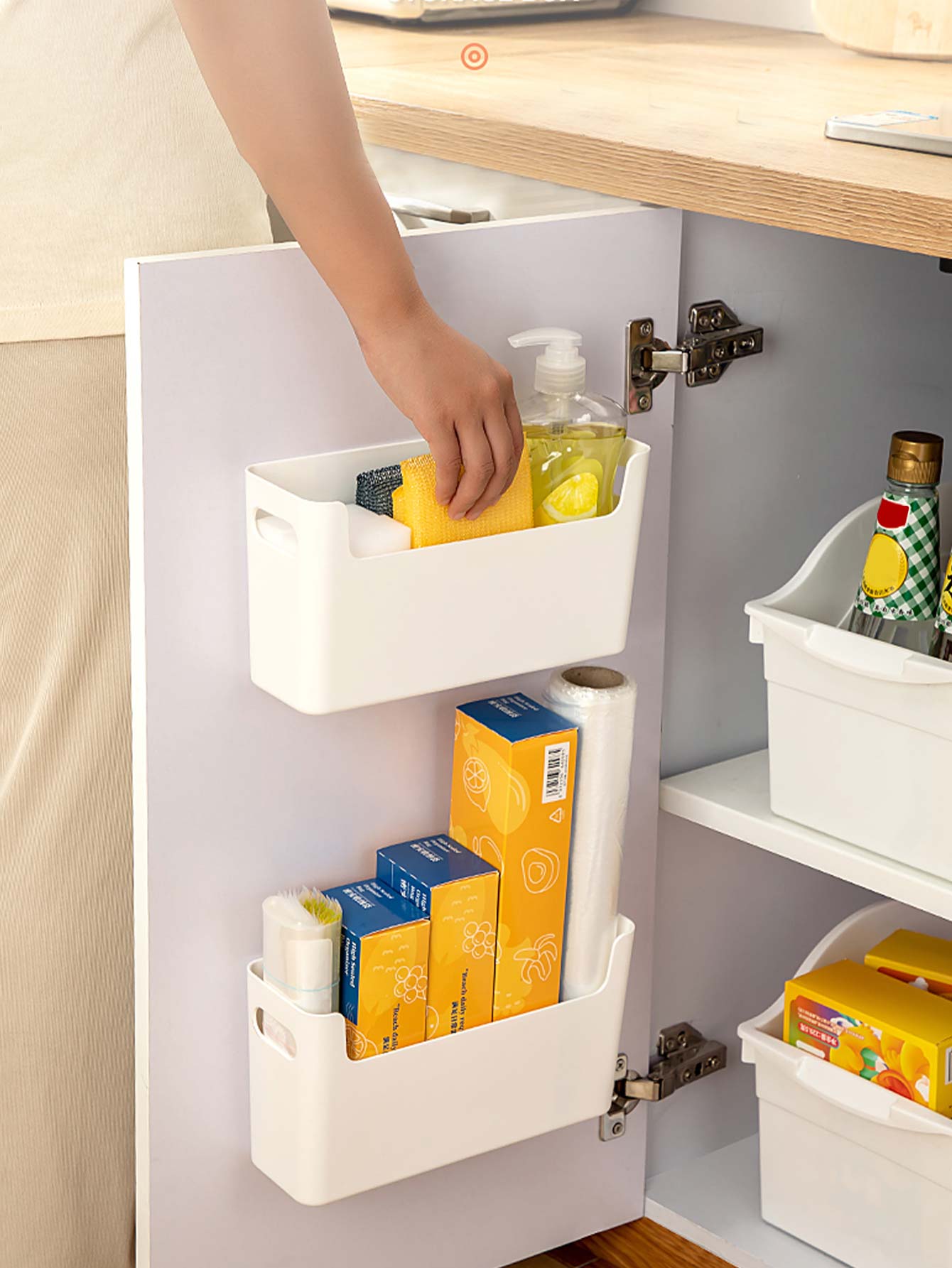 Food Storage Cabinet For Kitchen - กล่องเก็บของติดผนังแบบไม่ต้องเจาะ สำหรับจัดระเบียบประตูตู้ วัสดุพลาสติก ที่เก็บฟองน้ำ จัดเก็บของในครัว สำหรับฟิล์มถนอมอาหาร