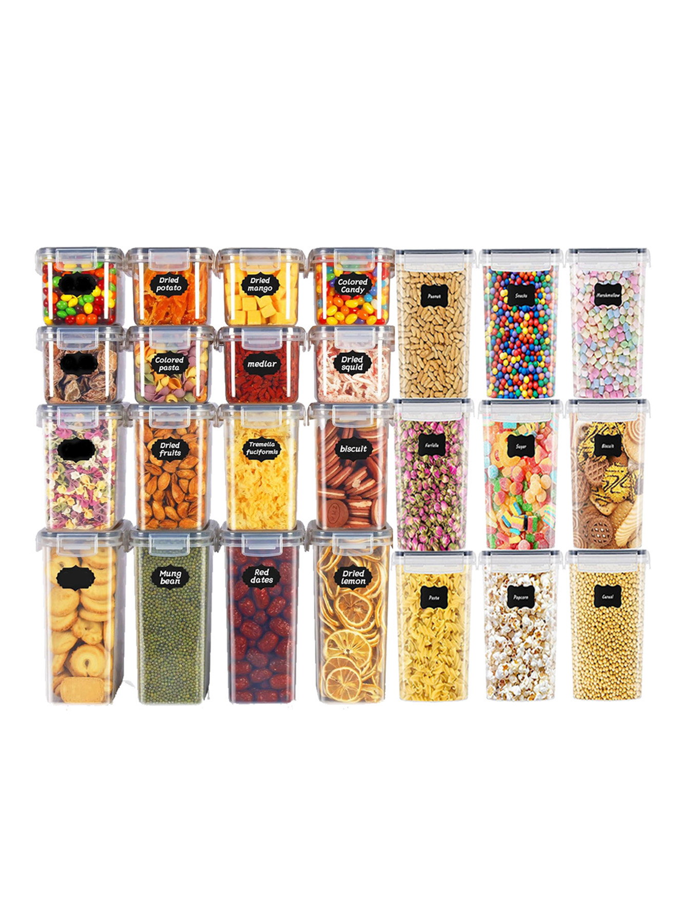 Food Storage Jars Plastic - 48 ชิ้น, ภาชนะเก็บอาหารแบบมีฝาปิด, ภาชนะพลาสติกสำหรับห้องครัว, กระปุกเก็บของแห้งสำหรับแลคโตส, ธัญพืช,