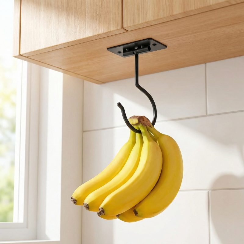 Food Storage Cabinet For Kitchen - ตะขอแขวนกล้วยแบบติดผนังโลหะสีดำ พับเก็บได้ ช่วยประหยัดพื้นที่ ใช้จัดระเบียบอาหารในตู้ครัว 1-2 ชิ้น