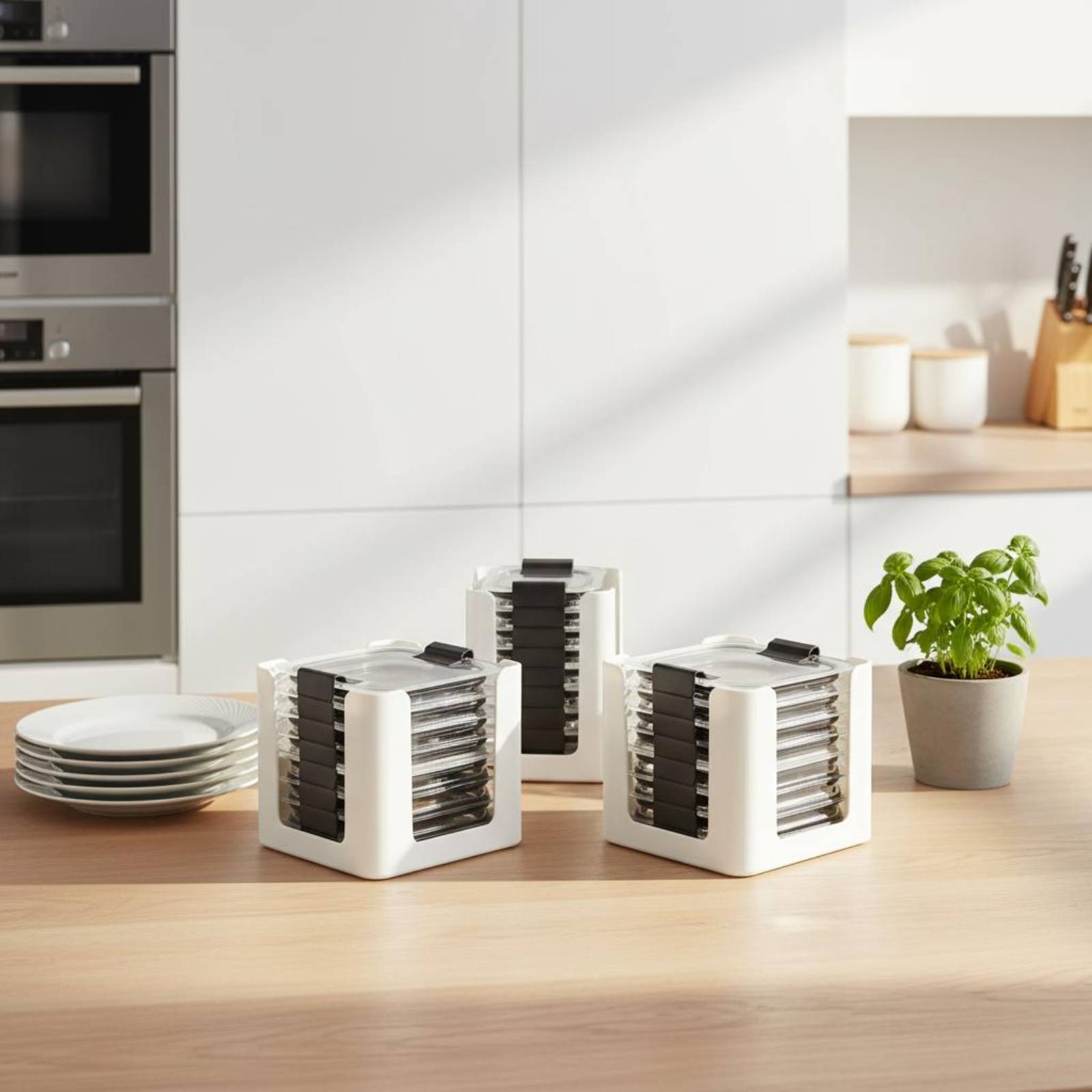 Food Storage Cabinet For Kitchen - ชั้นวางฝาปิดภาชนะ 3 ชิ้น สำหรับจัดเก็บฝาภาชนะทรงสี่เหลี่ยมผืนผ้า ช่องเปิดทรงกลม-สี่เหลี่ยม ปลอดสาร
